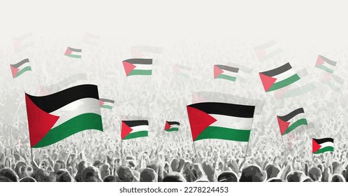 Resumen de la multitud con bandera de Palestina. Protesta popular, revolución, huelga y manifestación con bandera de Palestina. Ilustración vectorial.