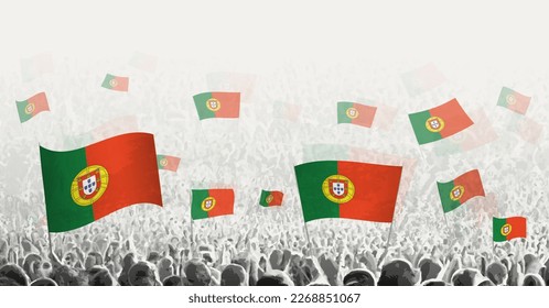 Abstract crowd with flag of Portugal. Peoples protest, revolution, strike and demonstration with flag of Portugal. Vector illustration.