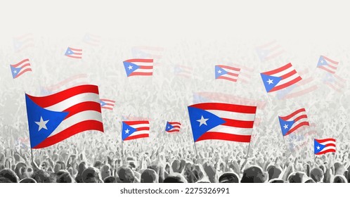 Resumen de la multitud con bandera de Puerto Rico. Protesta popular, revolución, huelga y manifestación con bandera de Puerto Rico. Ilustración vectorial.