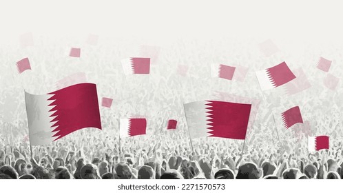 Abstract crowd with flag of Qatar. Peoples protest, revolution, strike and demonstration with flag of Qatar. Vector illustration.