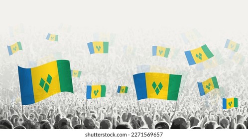 Abstrakte Menschenmenge mit der Flagge von St. Vincent und die Grenadinen. Die Völker protestieren, revolutionieren, streiken und demonstrieren mit der Flagge von St. Vincent und die Grenadinen. Vektorgrafik.