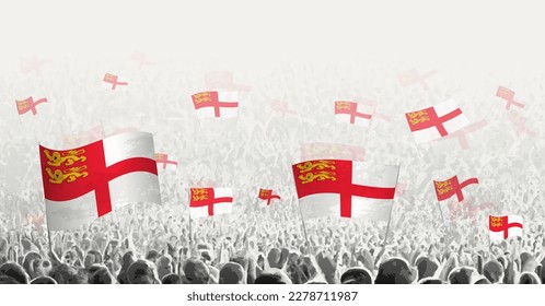 Abstract crowd with flag of Sark. Peoples protest, revolution, strike and demonstration with flag of Sark. Vector illustration.
