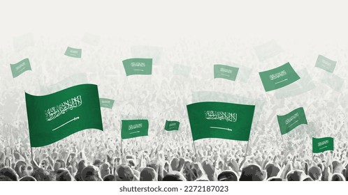 Abstract crowd with flag of Saudi Arabia. Peoples protest, revolution, strike and demonstration with flag of Saudi Arabia. Vector illustration.