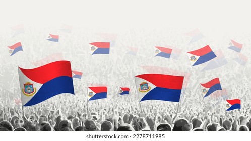 Abstract crowd with flag of Sint Maarten. Peoples protest, revolution, strike and demonstration with flag of Sint Maarten. Vector illustration.