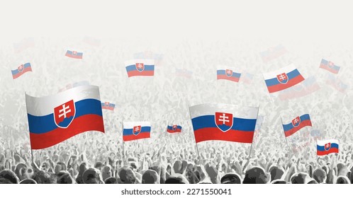 Abstract crowd with flag of Slovakia. Peoples protest, revolution, strike and demonstration with flag of Slovakia. Vector illustration.