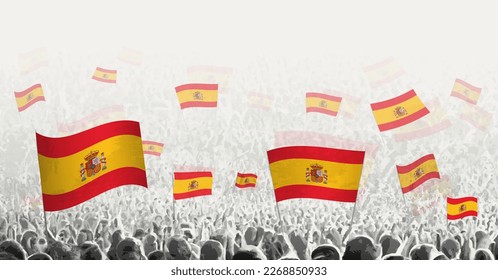 Abstract crowd with flag of Spain. Peoples protest, revolution, strike and demonstration with flag of Spain. Vector illustration.