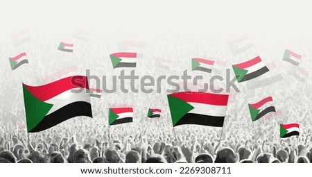 Abstract crowd with flag of Sudan. Peoples protest, revolution, strike and demonstration with flag of Sudan. Vector illustration.