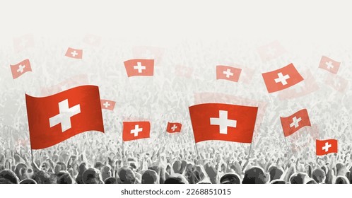 Abstrakte Menge mit Flagge der Schweiz. Völker protestieren, revolutionieren, streiken und demonstrieren unter der Flagge der Schweiz. Vektorgrafik.