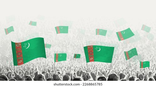 Abstract crowd with flag of Turkmenistan. Peoples protest, revolution, strike and demonstration with flag of Turkmenistan. Vector illustration.