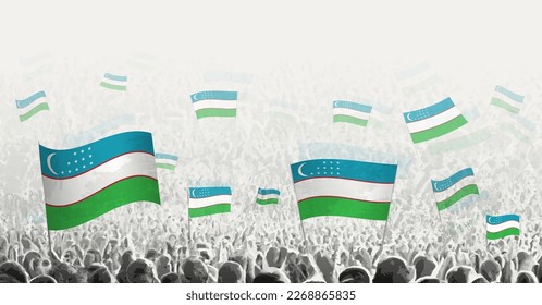 Abstract crowd with flag of Uzbekistan. Peoples protest, revolution, strike and demonstration with flag of Uzbekistan. Vector illustration.