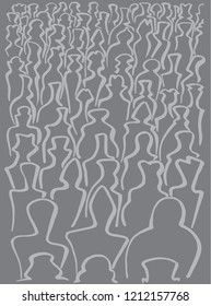 Abstract crowd, freehand drawn symbolic illustration in gray scale