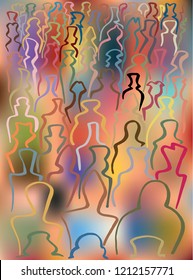 Abstract crowd, freehand drawn symbolic illustration with colorful mesh background