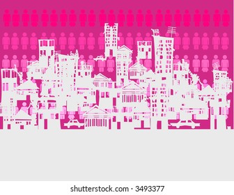 abstract crowded city-magenta. vector illustration