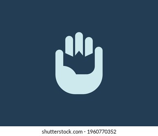 Abstract crown in the hand palm logo design. Universal minimalistic king, power vector sign symbol logotype.