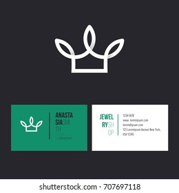 Abstract crown linear logotype design with template business card for creative director. Visual identity for jewelry shop