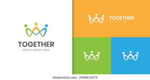 Abstract crown people logo icon design with minimal style illustration. Family teamwork emblem sign symbol logotype