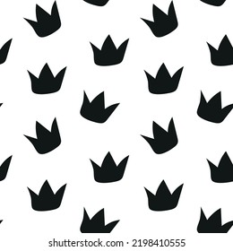 Abstract crown seamless pattern, black and white texture, hand-drawn background, premium queen king wallpapers, luxury endless ornament, repeating print. Doodle vector illustration