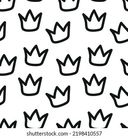 Abstract crown seamless pattern, black and white texture, hand-drawn background, premium queen king wallpapers, luxury endless ornament, repeating print. Doodle vector illustration