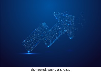 Abstract crumble arrow pointing upwards - polygonal triangle mesh art with shiny points on blue background. Vector illustration.