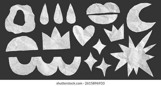 Abstract crumpled paper elements, geometric shapes sticker pack. Groovy funky star, lips, heart, crown, waves and squiggles in trendy retro style. Old torn note sheets, retro design, jagged edges.