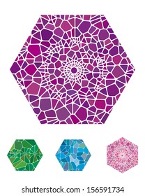 Abstract crushing original pattern. Micro hexagon logo element.  Colorful precious stone icons set. You can use in fine jewelry, textiles, posters background, biotechnology.