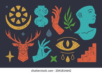 Abstract crying boho eye with floral crescent. Bust of antique sculpture with hands approving gestures. Head of mystical deer surrounded by symbols of stars. Vector flat illustration