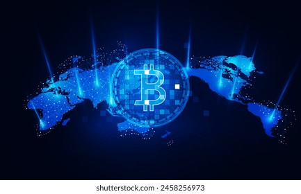 Abstract Crypto currency bitcoin crypto currency coin.of Global social network with planet Earth. Internet and technology. International stock exchange., vector design