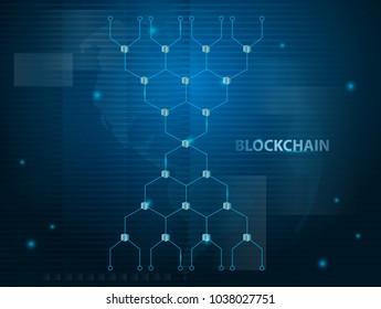 Abstract Crypto Currency Blockchain Technology on World Map Background in futuristic style. Vector illustration design.