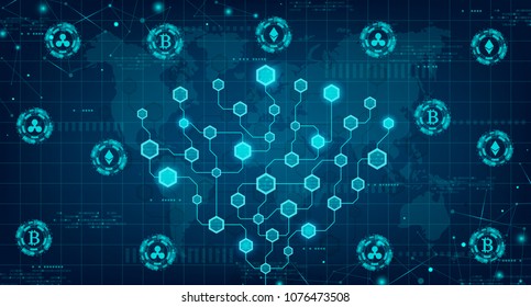 Abstract cryptocurrency and blockchain concept. Modern Concept of Global Currency in the Shape of Block Chain. Vector Illustration with Network Circuit. Stock Exchange. 
