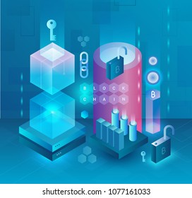Abstract cryptocurrency and Blockchain vector concept. Mining farm. Bitcoin, ethereum and monero. Digital money crypto market. Web design, presentation banner.