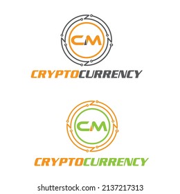 abstract Cryptocurrency logo with letters c and m  in a circle with microchip circuit icon isolated on white background. Block chain technology, digital money.