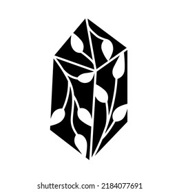 Abstract crystal with floral elements. Black silhouette icons collection of gemstones. Vector illustration.
