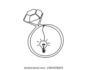 Abstract crystal with light bulb as continuous lines drawing on white background.Vector