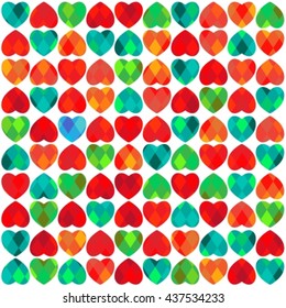 Abstract crystal seamless pattern with hearts on a white background.
