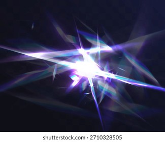 Abstractas luz cristalina estalló con agudos rayos de neón en tonos azules, púrpuras y blancos, creando un efecto futurista brillante sobre un fondo transparente oscuro.