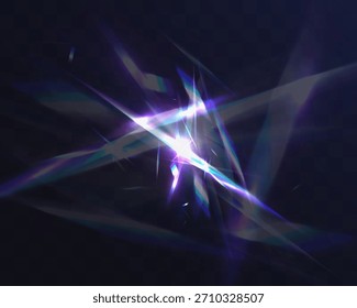 Abstractas luz cristalina estalló con agudos rayos de neón en tonos azules, púrpuras y blancos, creando un efecto futurista brillante sobre un fondo transparente oscuro.