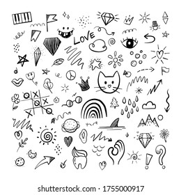 Resumen de cristales, flechas, líneas y otros elementos en estilo dibujado a mano para el concepto de diseño. Ilustración del doodle vectorial.