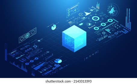 Abstract Cube Blockchain Technology Ui Futuristic Concept Hud Interface Hologram Elements Of Digital Data Chart, Communication, Computing And Circle Percent Vitality Innovation On Hi Tech Future