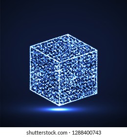 Abstract cube with glowing particles. Geometric luminous shape. Vector