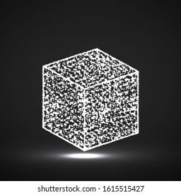 Abstract cube with glowing particles. Geometric luminous shape