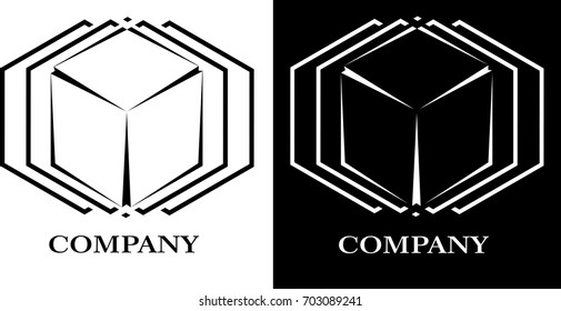abstract cube on white and black background / lines / set of two logos