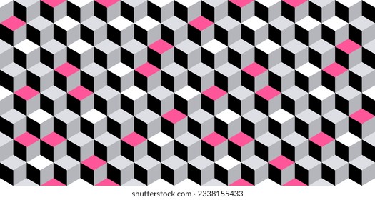 Abstract cube pattern. 3D optical illusion tumbling blocks hexagon tiles. Cuboid seamless tiles pattern. Grey, pink, white and black modern vector texture.