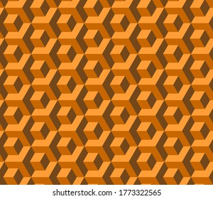 Abstract Cube Pattern In Editable Vector Format. Seamless Cubes Pattern. Orange Color. 3D Vector Background. Modern Stylish Texture.