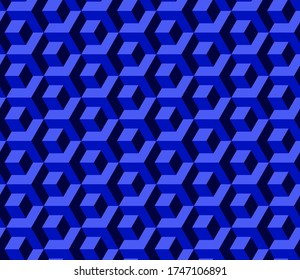 Abstract cube pattern, fully seamless. 3d dark blue vector geometric wallpaper, cube pattern background. Optical illusion.