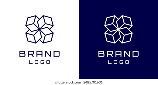 Logotipo de Vector Abstractas Cube. Logotipo de letra X. Signo de las cajas cuádruples para la compañía moderna dinámica. Cuatro formas hexagonales sobre fondo doble. Icono de marca simple con líneas azules y blancas en diferentes direcciones.