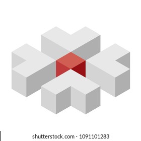 Abstract cube vector shape reminiscent of technological development, nanotechnology component. Isometric brand of scientific institution, research center, laboratories. Minimalistic block shape