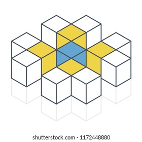 Abstract cube vector shape reminiscent of technological development, nanotechnology component. Outlined isometric brand of scientific institution, research center. Minimalistic block shape
