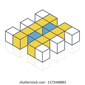 Abstract cube vector shape reminiscent of technological development, nanotechnology component. Outlined isometric brand of scientific institution, research center. Minimalistic block shape