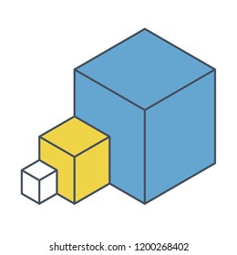 Abstract cube vector shape reminiscent of technological development, nanotechnology component. Outlined isometric brand of scientific institution, research center. Minimalistic block shape