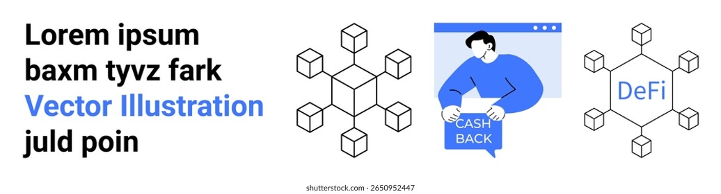 Abstract cubes connected forming decentralized structure with a central DeFi text and individual benefiting from cashback. Ideal for fintech, blockchain, DeFi, cryptocurrency, finance apps, startups